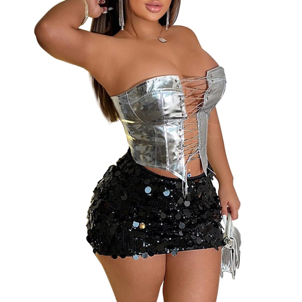2507 Faux Leather Rave Top Lace Up Design - Sexy Backless Crop Tops